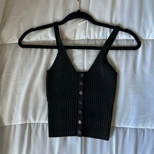 Aerie Black Ribbed Button-Front Crop Top